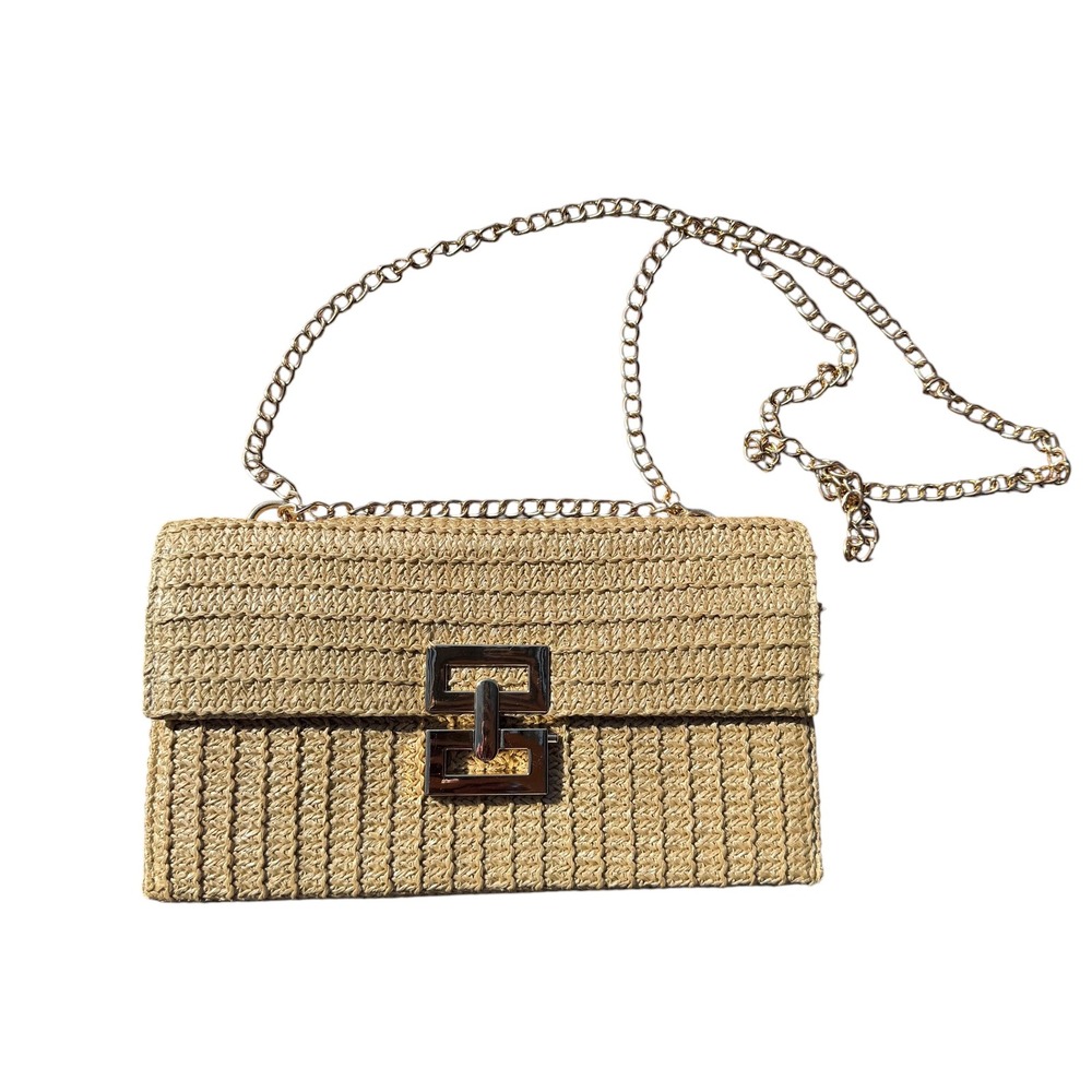 Woven Straw Crossbody Bag Tan Gold Chain Strap Summer Raffia Clutch